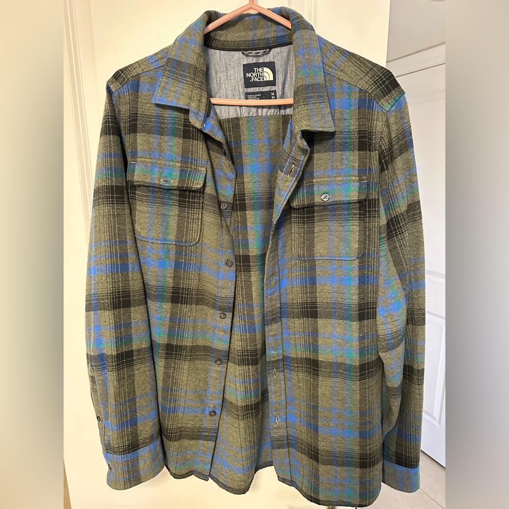 The North Face button-up long sleeve. Blue, gray and black. Medium.